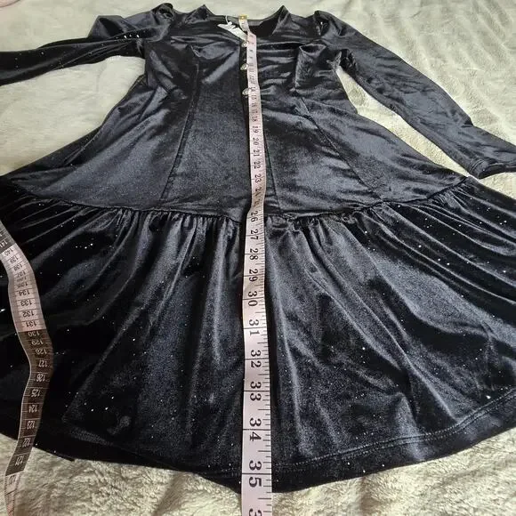 Black Velvet Mini Dress Button Front Long Sleeve Sparkle Holiday Party Cocktail - Picture 11 of 16